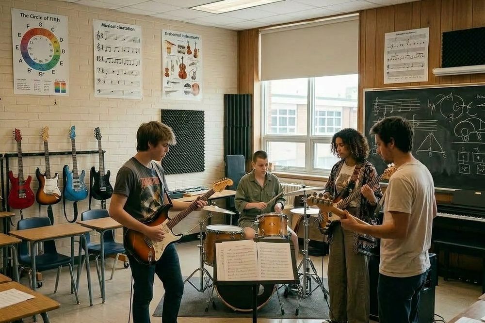 Students playing guitars and drums together in a school music classroom